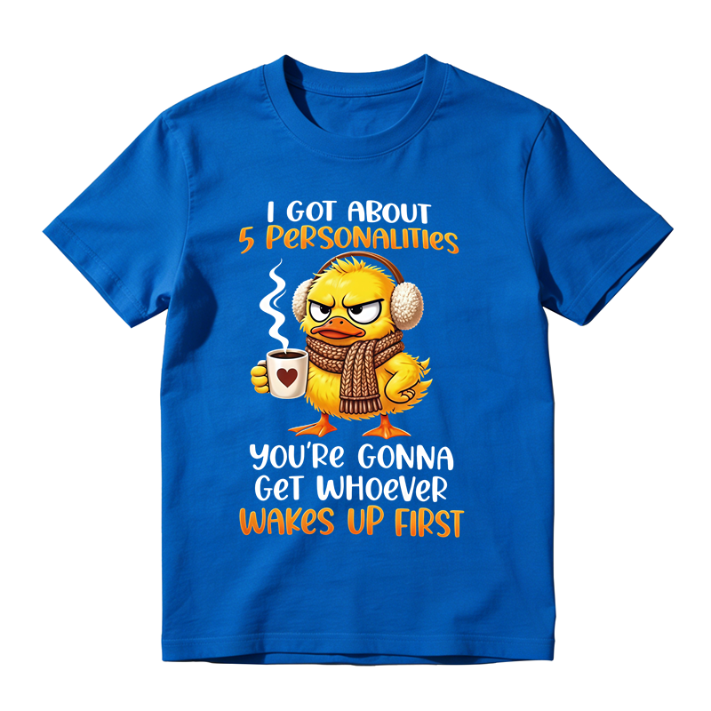 Grumpy Winter Duck With Coffee Mug Graphic T-Shirt, Funny Cold Weather Personalities Quote Tee