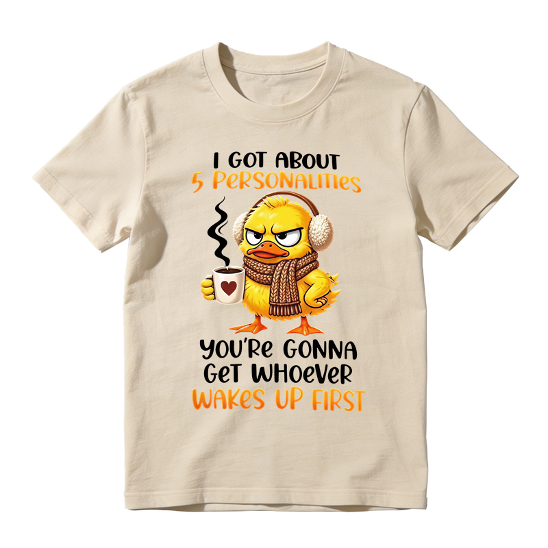 Grumpy Winter Duck With Coffee Mug Graphic T-Shirt, Funny Cold Weather Personalities Quote Tee