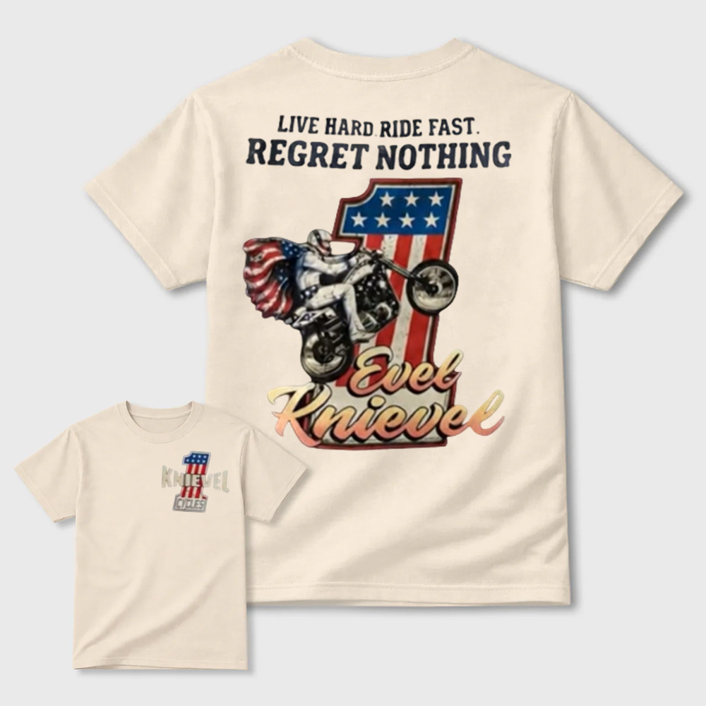 Vintage Evel Knievel Motorcycle Graphic T-Shirt – Retro American Flag Biker Cotton Tee