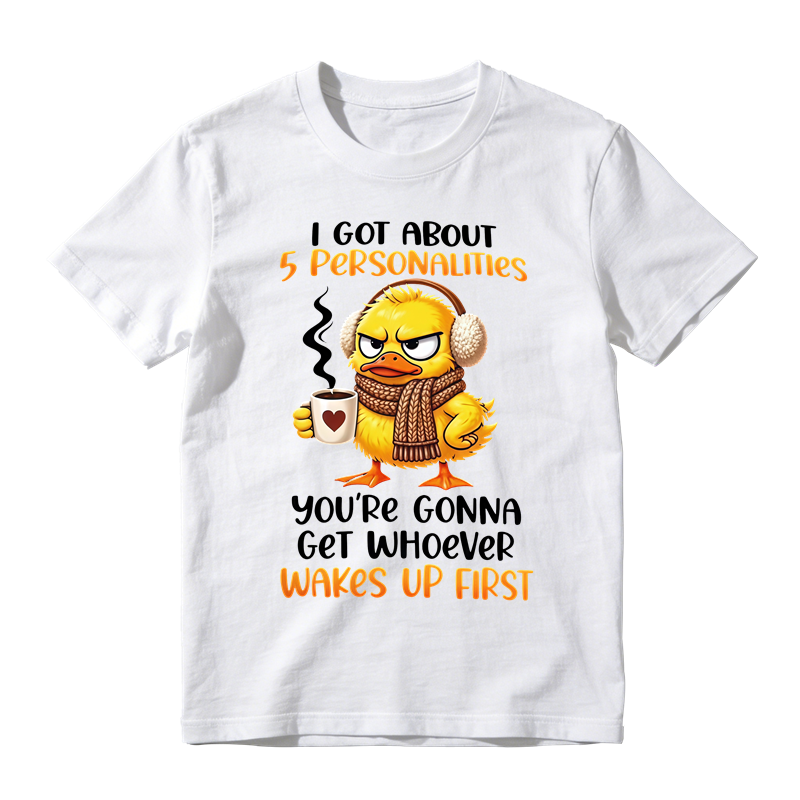 Grumpy Winter Duck With Coffee Mug Graphic T-Shirt, Funny Cold Weather Personalities Quote Tee