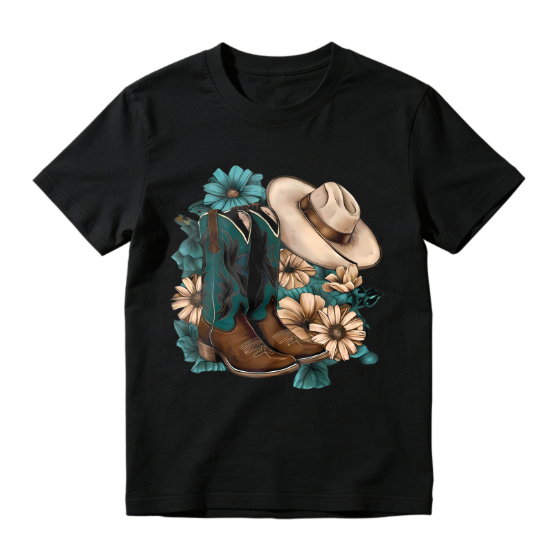 Cowboy Boots Hat And Flowers T-shirt