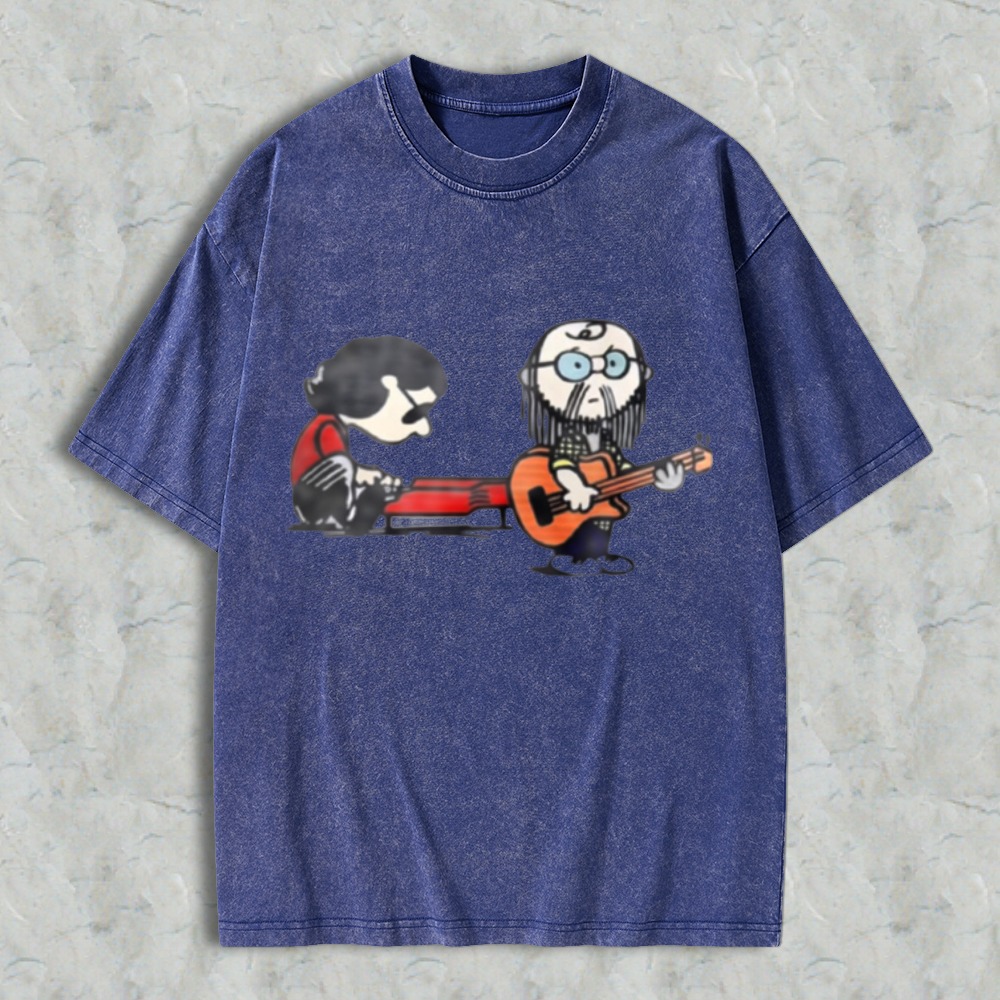 Cartoon Musicians Playing Guitar And Keyboard Graphic Washed T-shirt