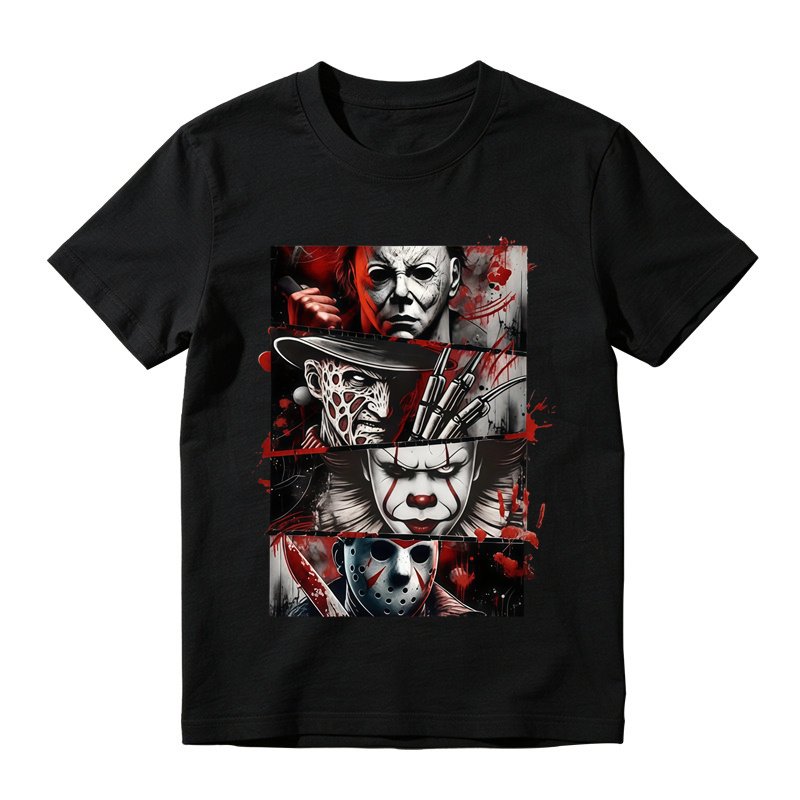 Unisex Spooky Dark Horror Panel Collage Casual Graphic Short Sleeve Tee