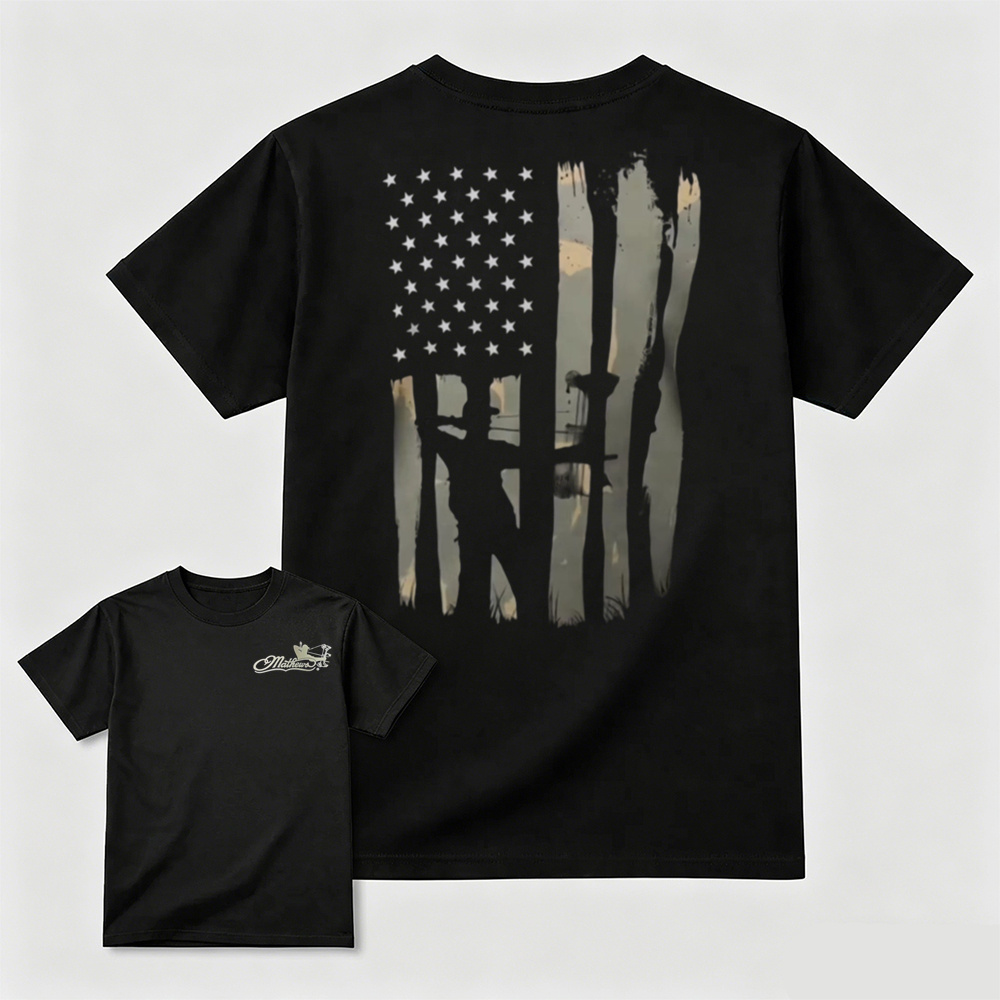 Vintage Distressed USA Flag Bow Hunter T‑Shirt, Patriotic Archery Hunting Unisex Casual Tee