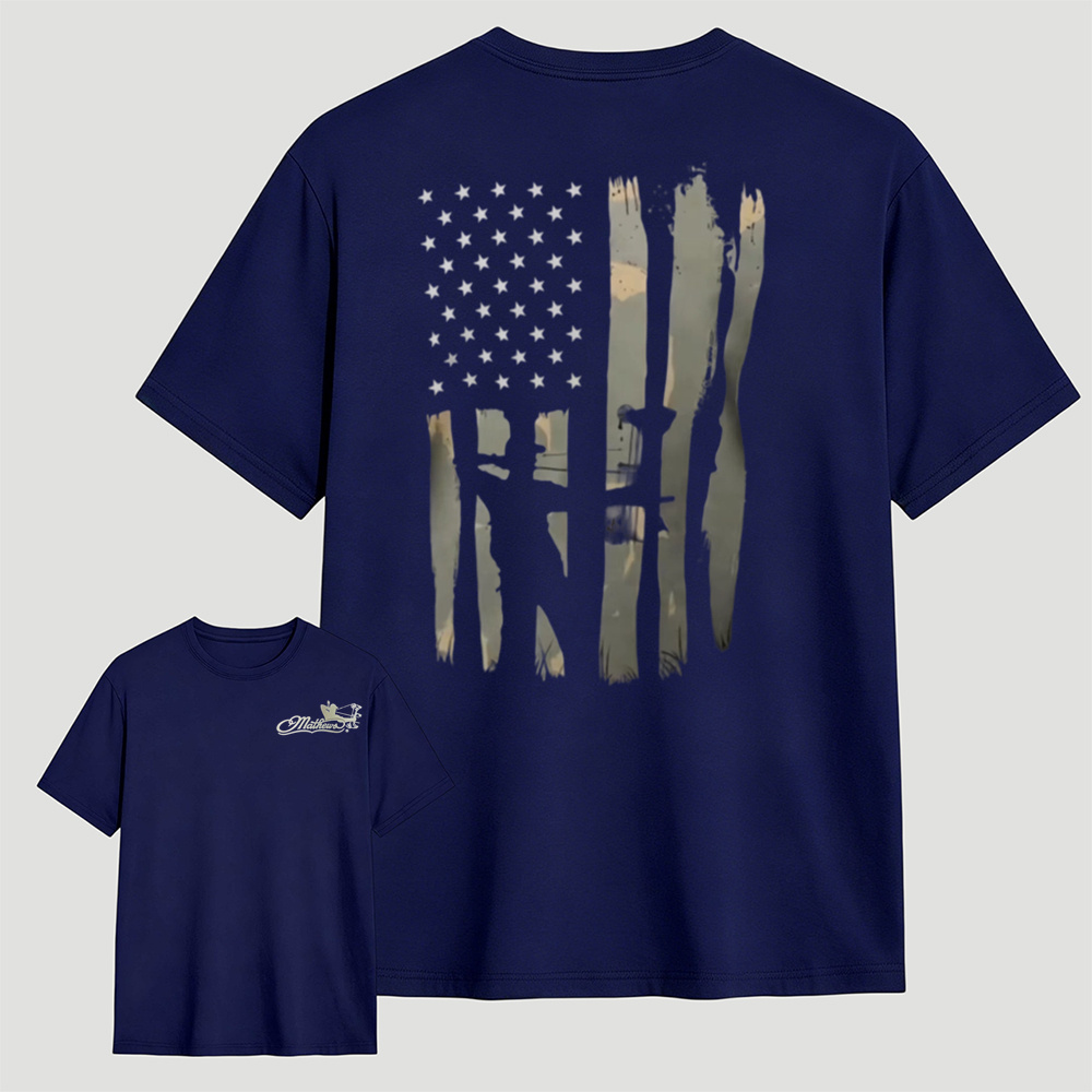 Vintage Distressed USA Flag Bow Hunter T‑Shirt, Patriotic Archery Hunting Unisex Casual Tee