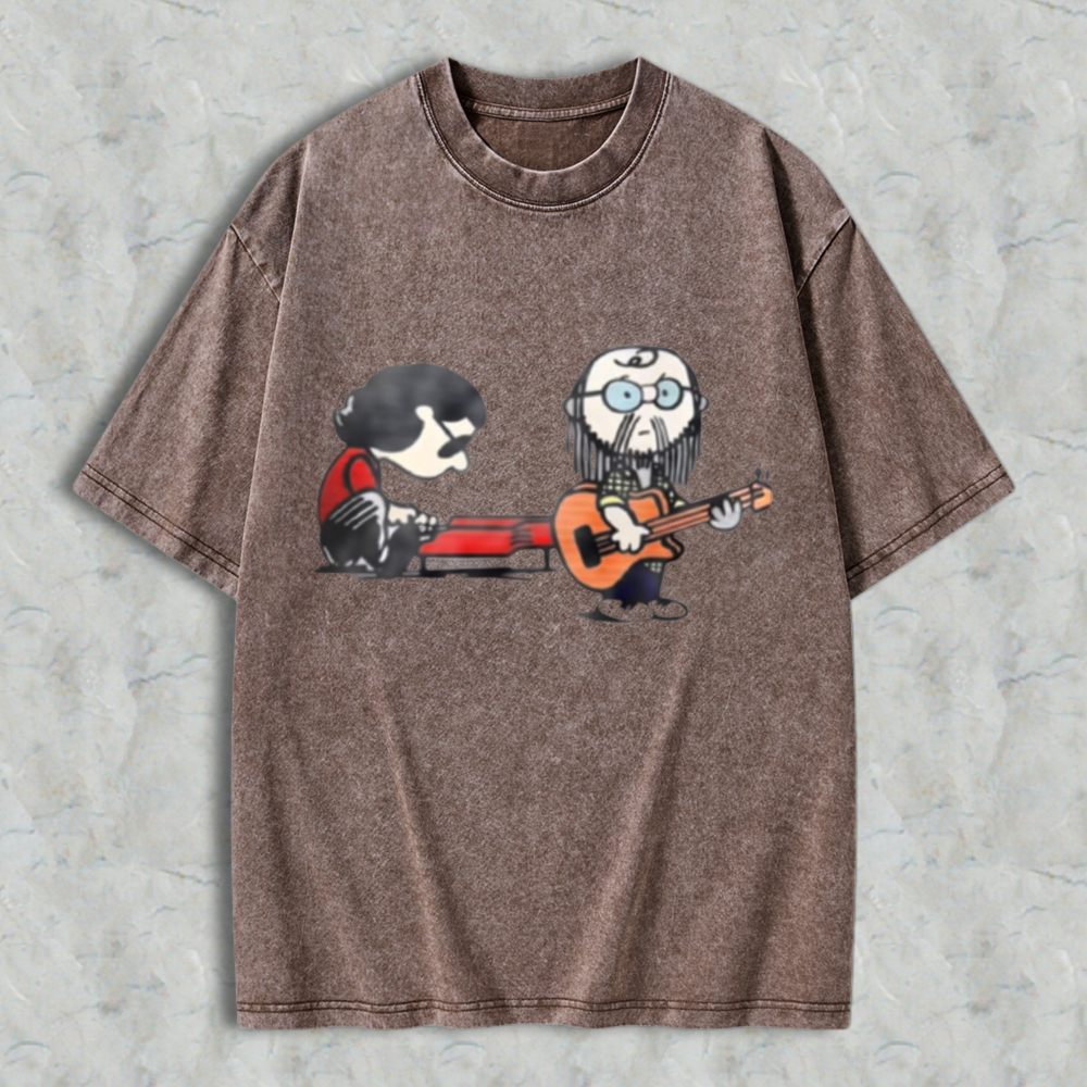 Cartoon Musicians Playing Guitar And Keyboard Graphic Washed T-shirt