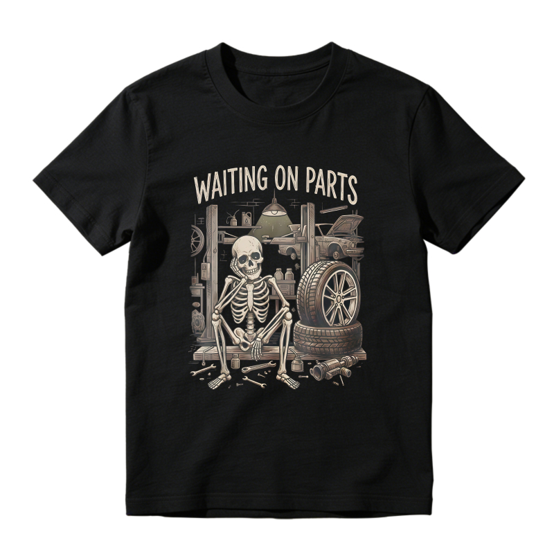 Skeleton Waiting On Parts Garage Scene T-shirt