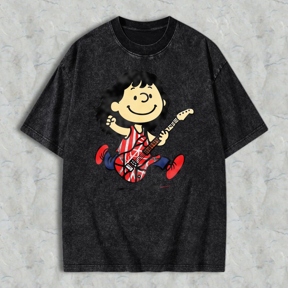 Cartoon Character Playing Electric Guitar Vintage Washed T-shirt