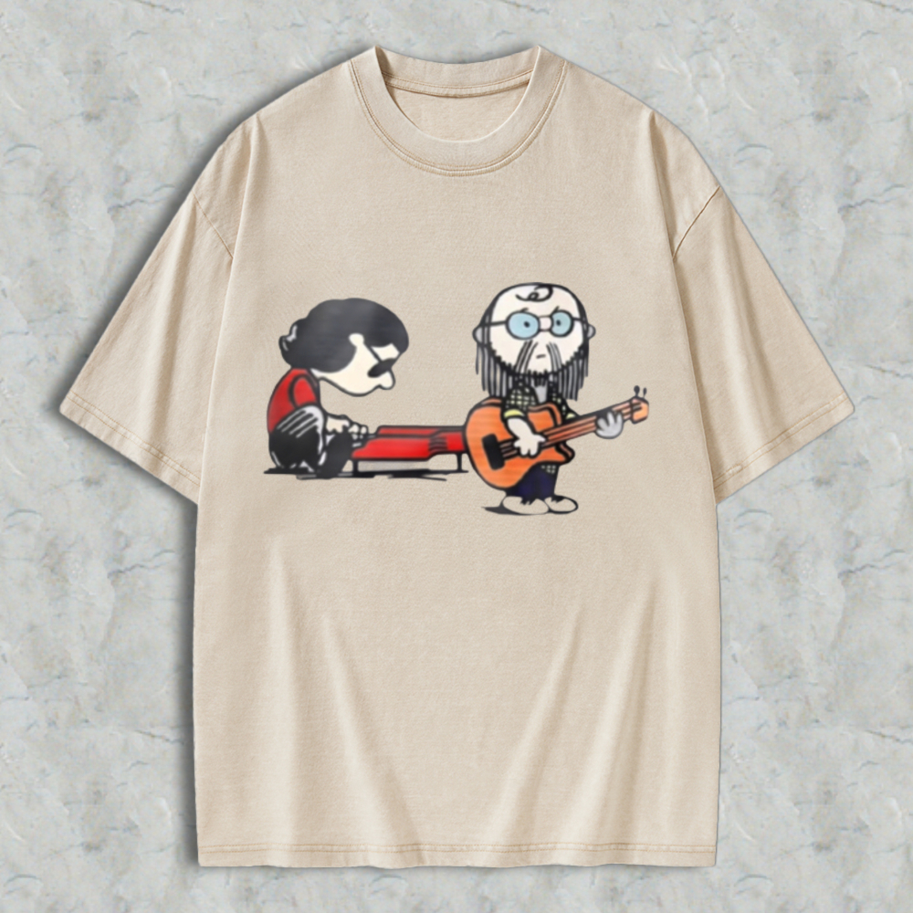 Cartoon Musicians Playing Guitar And Keyboard Graphic Washed T-shirt