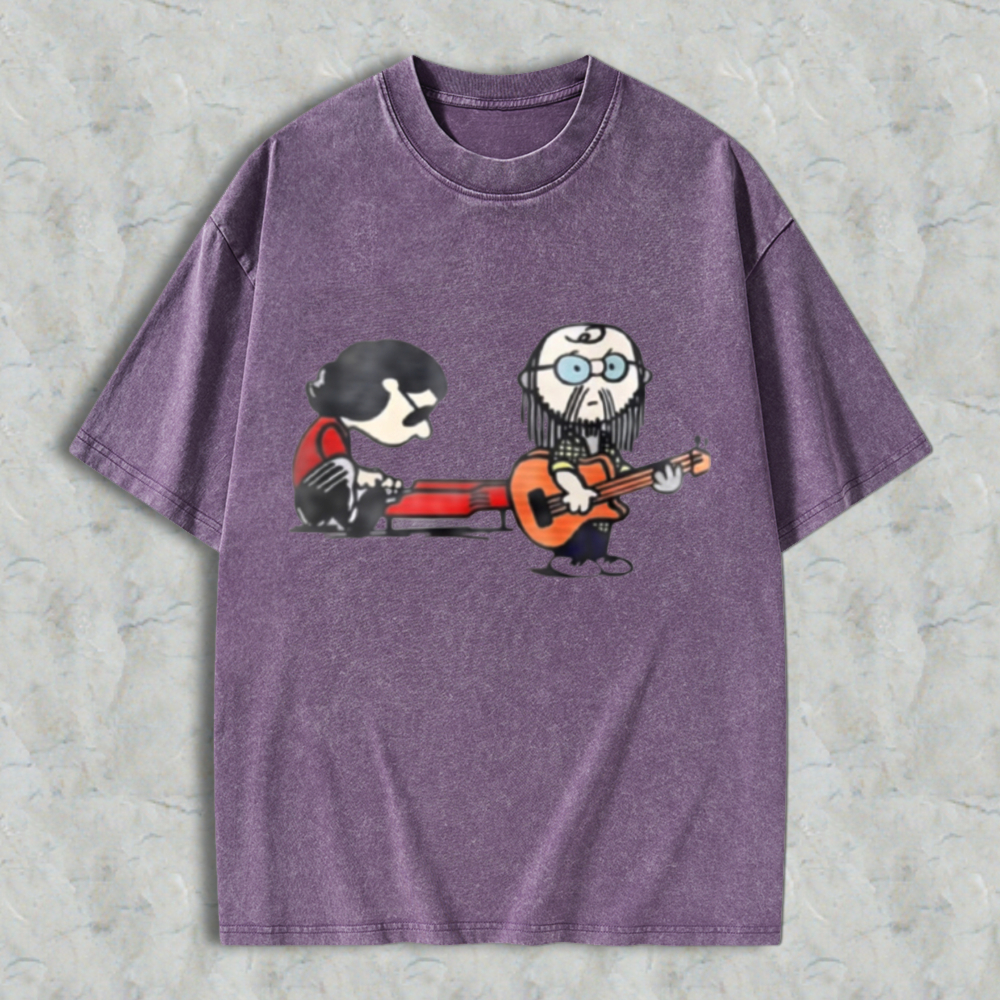 Cartoon Musicians Playing Guitar And Keyboard Graphic Washed T-shirt