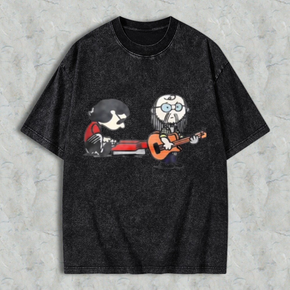 Cartoon Musicians Playing Guitar And Keyboard Graphic Washed T-shirt