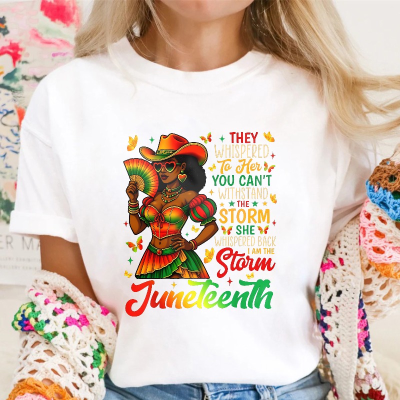 Juneteenth Celebration Woman In Colorful Dress Holding Fan With Inspirational Quote T-shirt