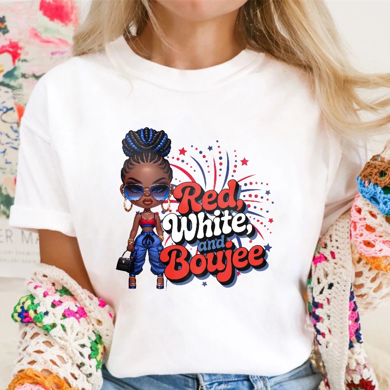 Red White And Boujee Cartoon Girl With Stars And Fireworks T-shirt