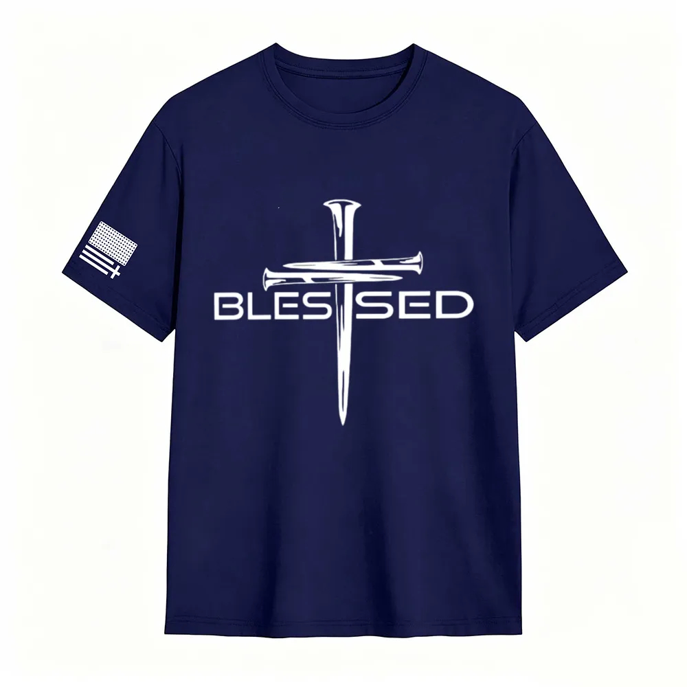 Mens Christian Shirt Nail Cross Blessed Short Sleeve T-shirt Graphic Tee