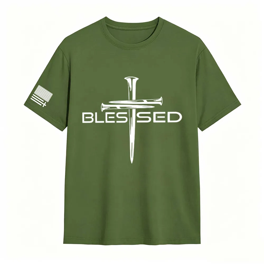 Mens Christian Shirt Nail Cross Blessed Short Sleeve T-shirt Graphic Tee