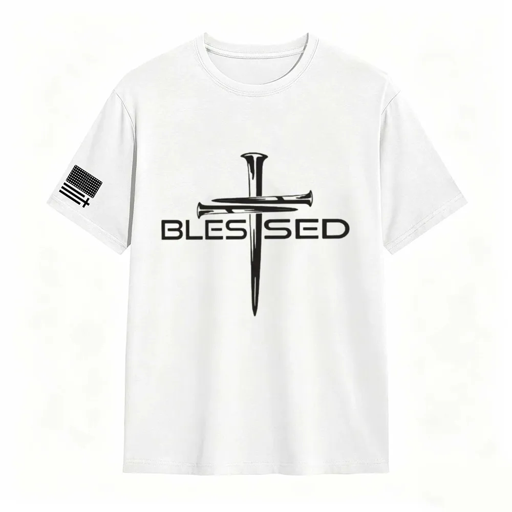 Mens Christian Shirt Nail Cross Blessed Short Sleeve T-shirt Graphic Tee