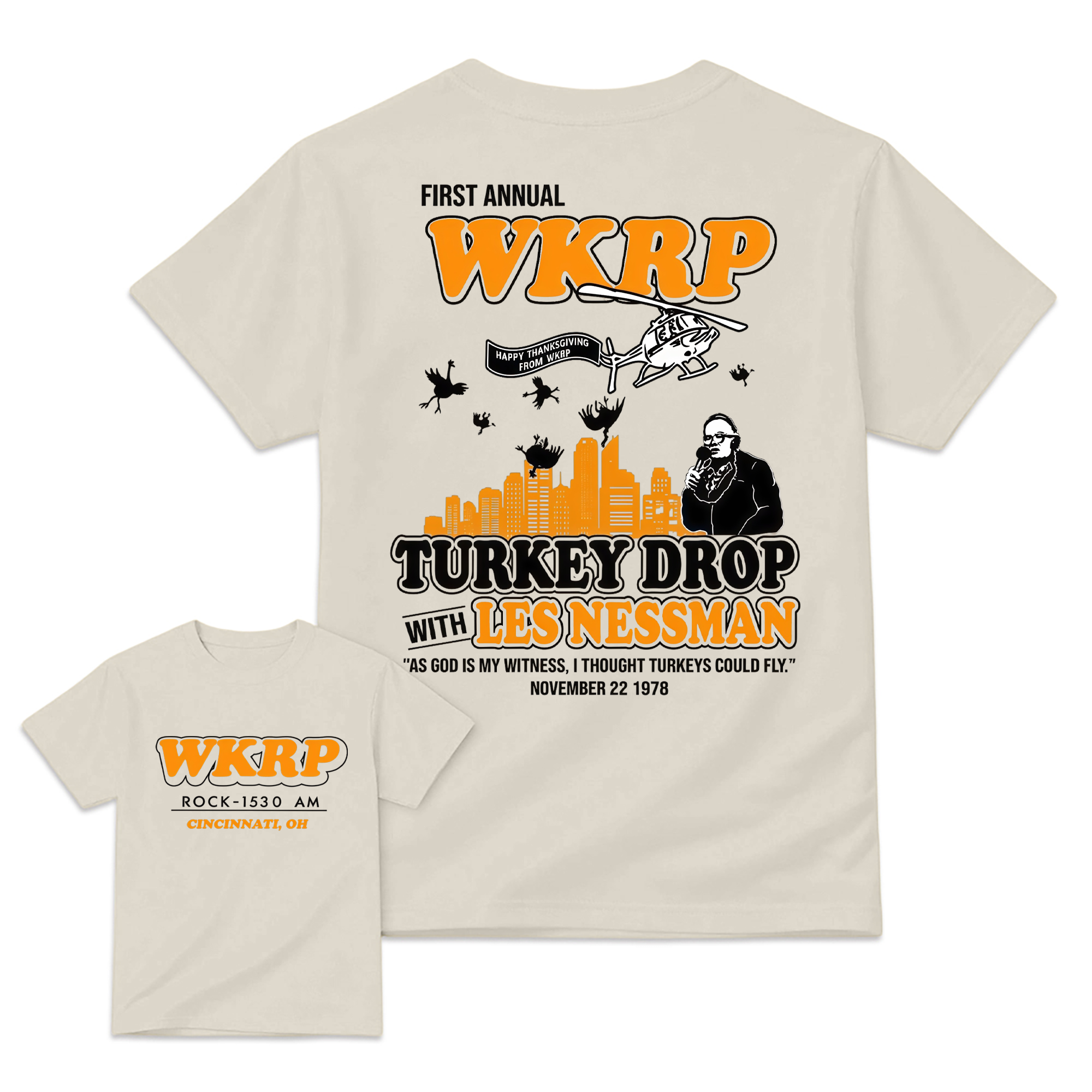 WKRP Turkey Drop T-Shirt, Les Nessman Thanksgiving Graphic Tee