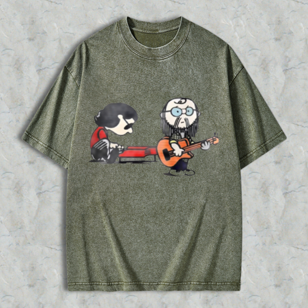 Cartoon Musicians Playing Guitar And Keyboard Graphic Washed T-shirt