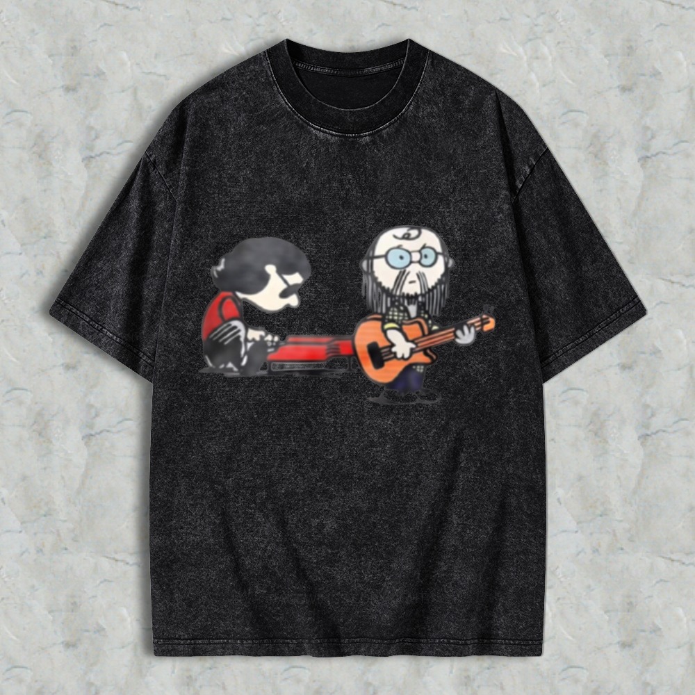 Cartoon Musicians Playing Guitar And Keyboard Graphic Washed T-shirt