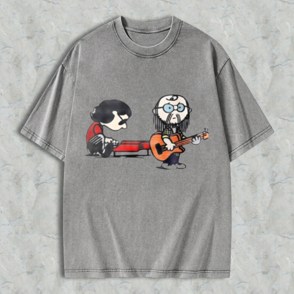 Cartoon Musicians Playing Guitar And Keyboard Graphic Washed T-shirt