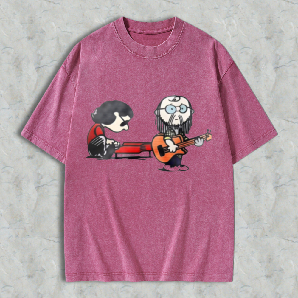Cartoon Musicians Playing Guitar And Keyboard Graphic Washed T-shirt
