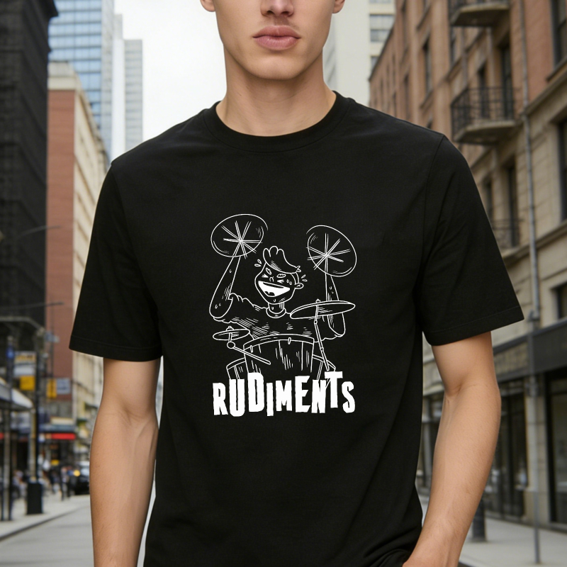 Cartoon Drummer Playing Cymbals And Snare Drum With Rudiments Text Unisex Classic T-shirt