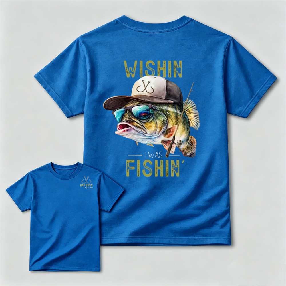 Wishin' I Was Fishin' T-Shirt - Unisex Graphic Cotton Tee Featuring Cool Bass, Sunglasses & Fishing Gear for Outdoor Enthusiasts - Top, Menswear Tshirt Streetwear graphic tees Crewneck men gifts