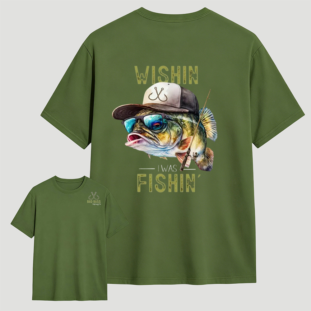 Wishin' I Was Fishin' T-Shirt - Unisex Graphic Cotton Tee Featuring Cool Bass, Sunglasses & Fishing Gear for Outdoor Enthusiasts - Top, Menswear Tshirt Streetwear graphic tees Crewneck men gifts