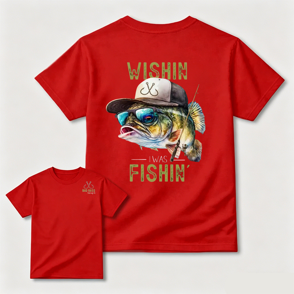 Wishin' I Was Fishin' T-Shirt - Unisex Graphic Cotton Tee Featuring Cool Bass, Sunglasses & Fishing Gear for Outdoor Enthusiasts - Top, Menswear Tshirt Streetwear graphic tees Crewneck men gifts