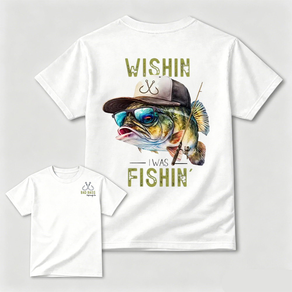 Wishin' I Was Fishin' T-Shirt - Unisex Graphic Cotton Tee Featuring Cool Bass, Sunglasses & Fishing Gear for Outdoor Enthusiasts - Top, Menswear Tshirt Streetwear graphic tees Crewneck men gifts