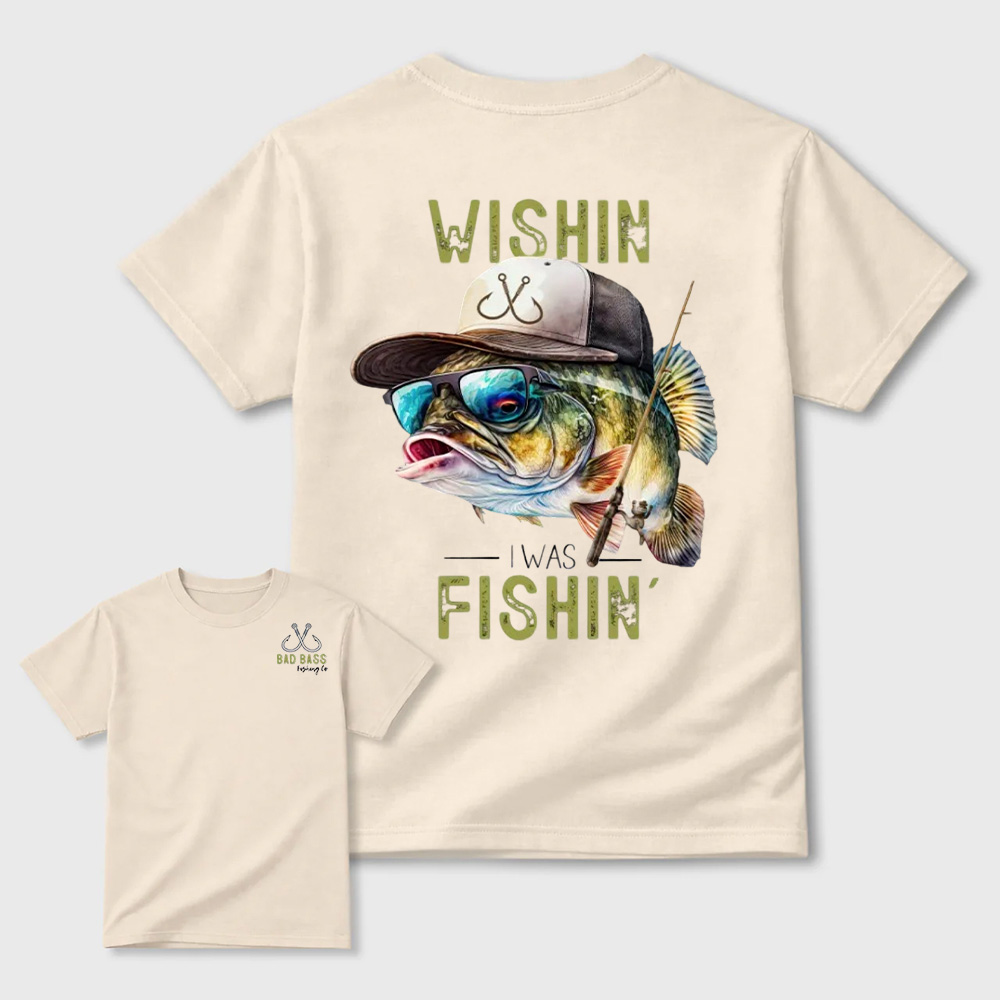 Wishin' I Was Fishin' T-Shirt - Unisex Graphic Cotton Tee Featuring Cool Bass, Sunglasses & Fishing Gear for Outdoor Enthusiasts - Top, Menswear Tshirt Streetwear graphic tees Crewneck men gifts