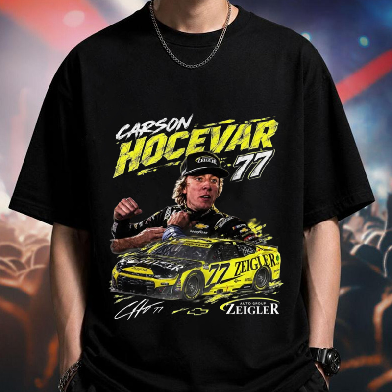 Classic black crew neck t-shirt with Carson Hocevar 77 race car graphic, perfect for motorsport fans, casual outings
