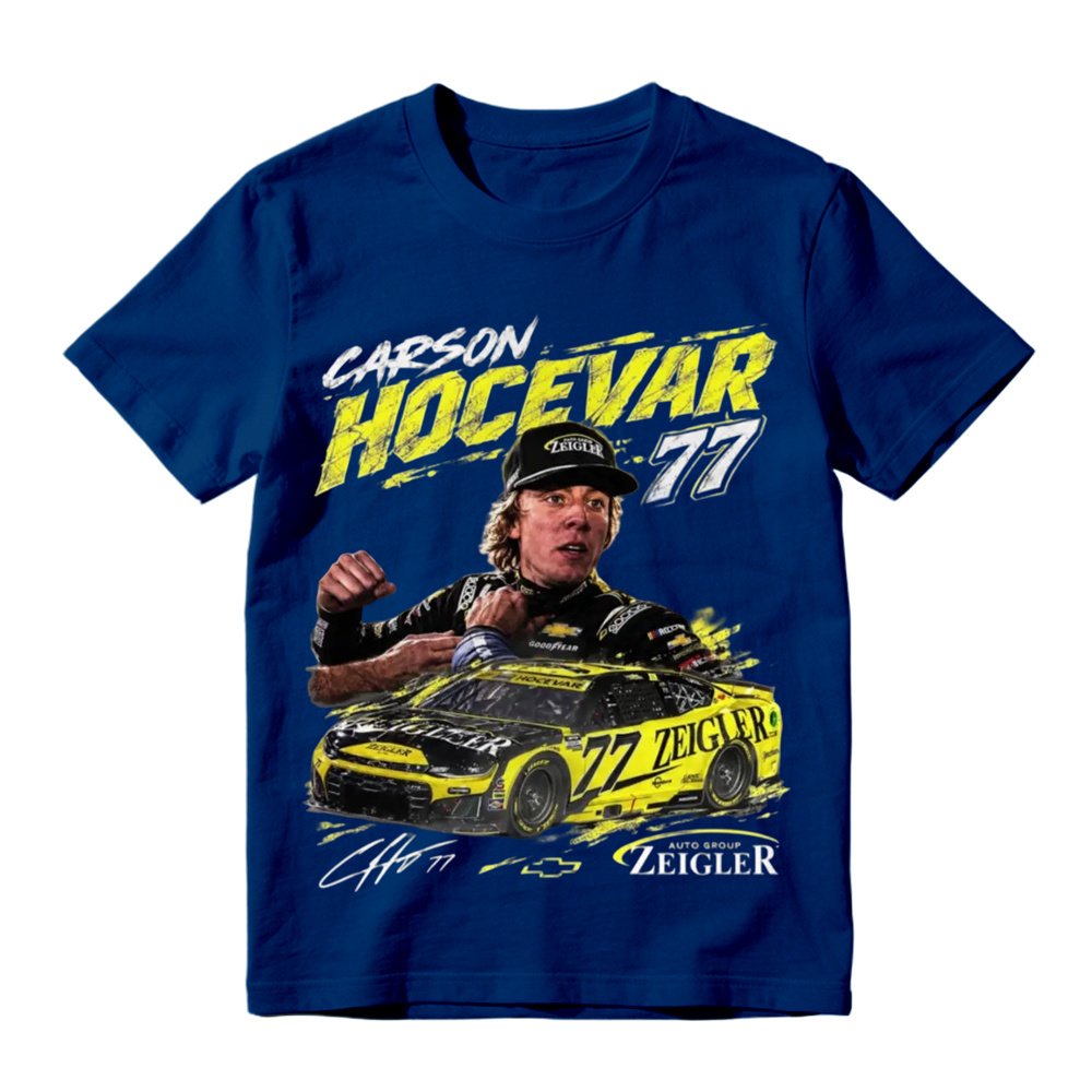 Classic black crew neck t-shirt with Carson Hocevar 77 race car graphic, perfect for motorsport fans, casual outings