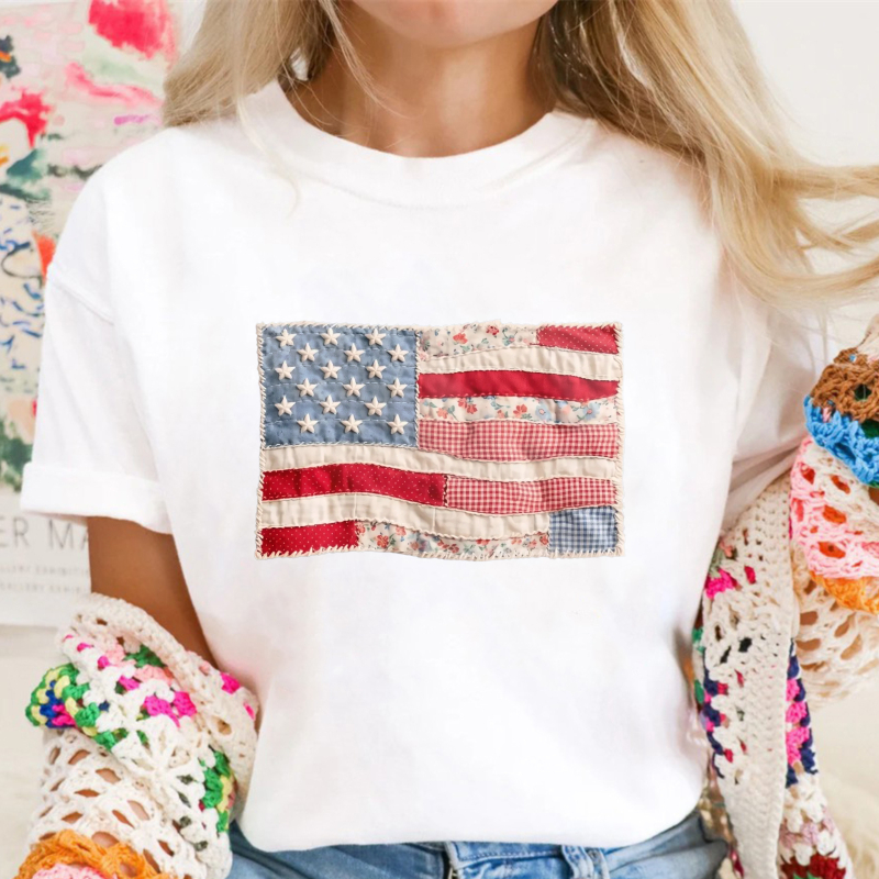 (FAUX PATCHWORK-PRINT) Comfort Colors Retro American Flag Shirt