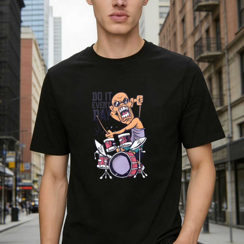 Cartoon Angry Drummer Playing Drums With Do It Every Day Text Unisex Classic T-shirt