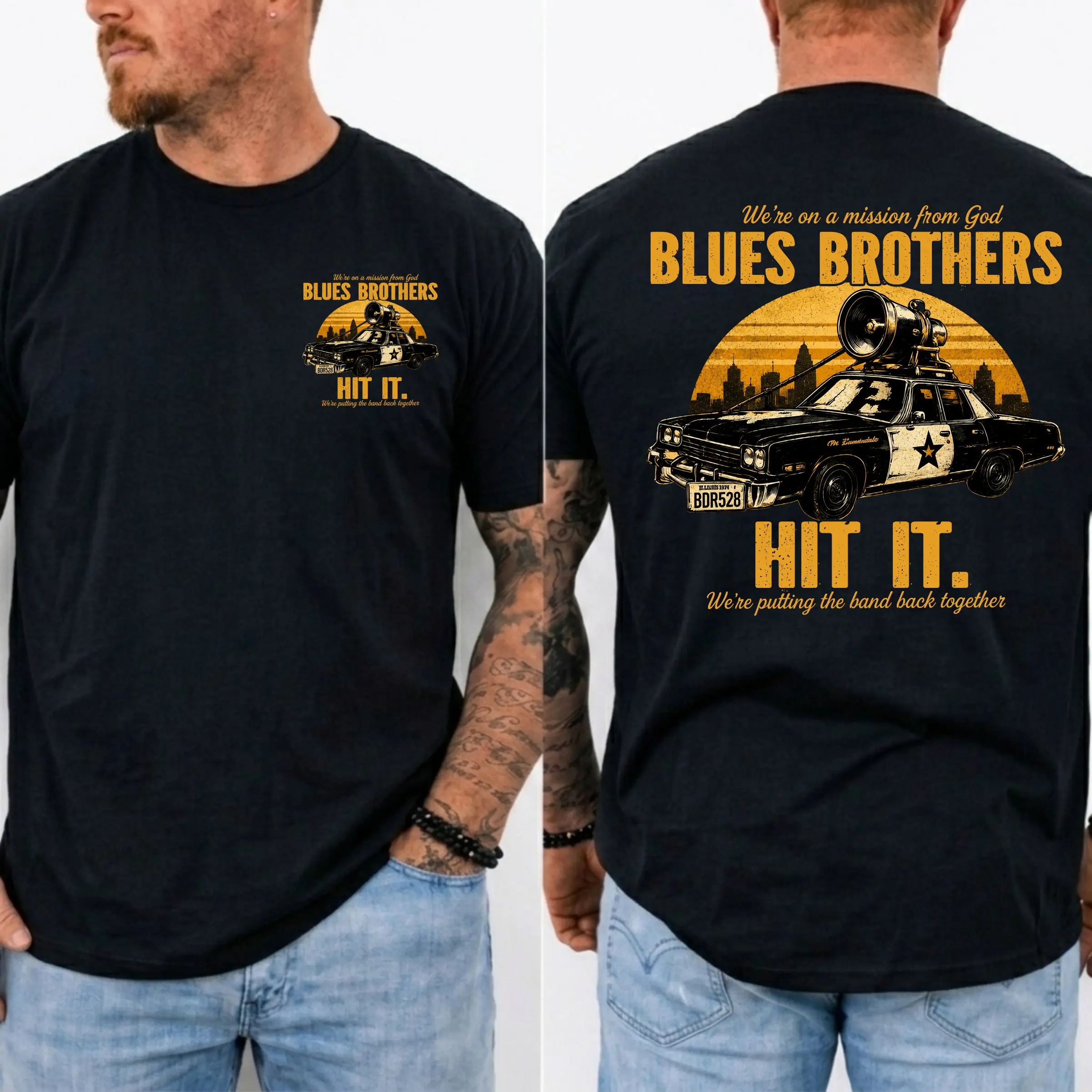 Blues Brothers Hit It Shirt Ver 2, We're On A Mission From God Tee, BDR529 Police Car T-Shirt, Classic Movie Fan Gift, Vintage Comedy Film Apparel