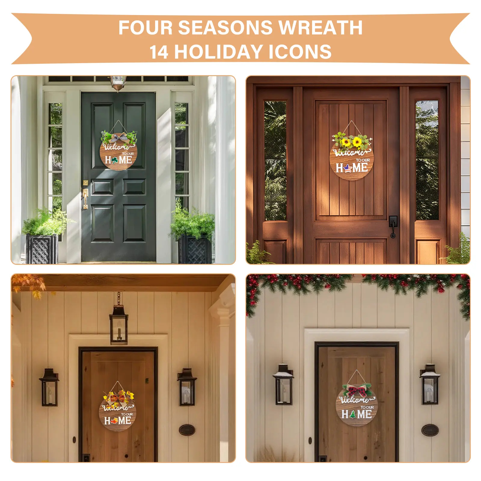 All-Season Front Door Decoration, Wooden Welcome Sign 12x12 Inch Round Hanging Wreath for Porch, Entryway, and Home Wall Decor, Mothers' Day Halloween Christmas Decor