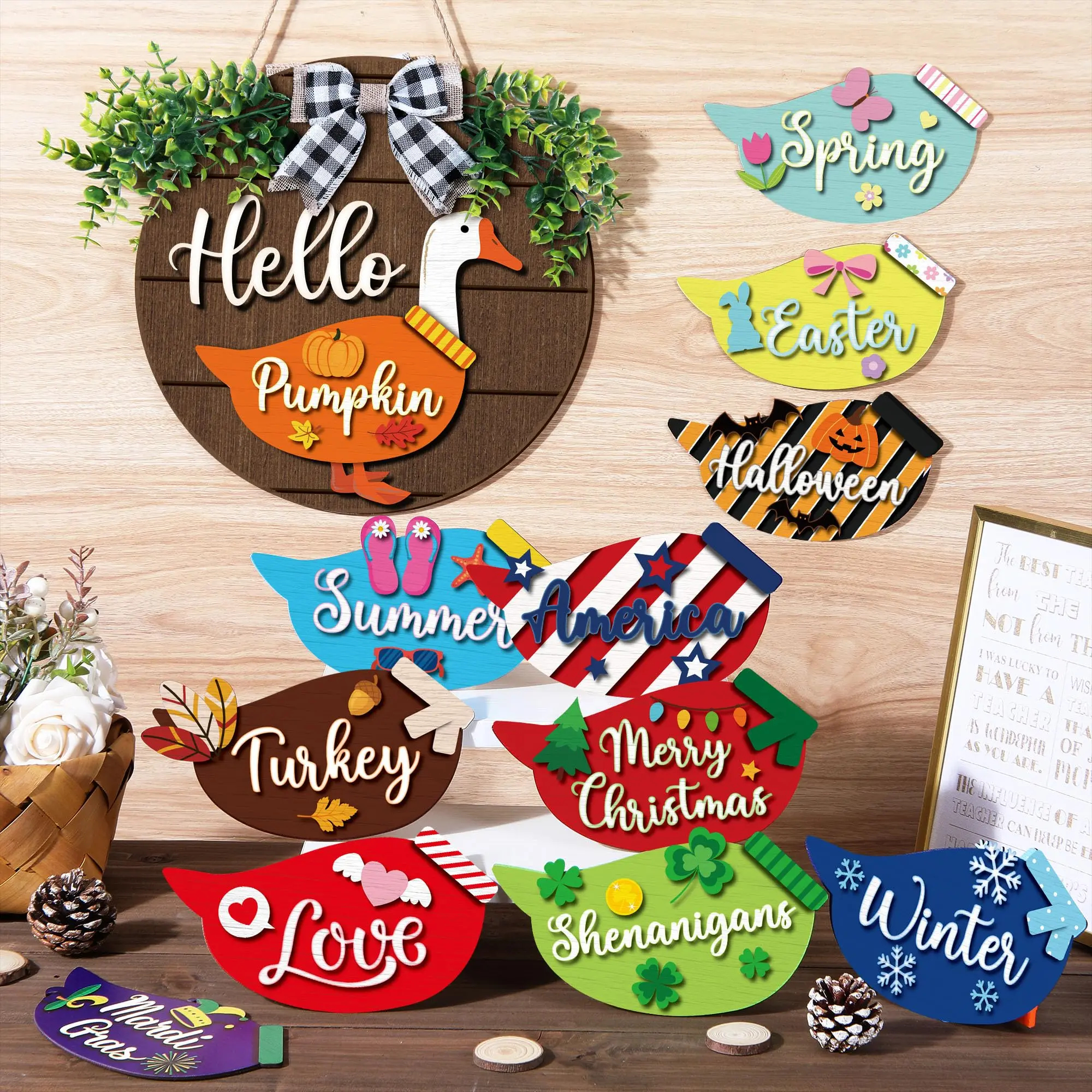 Magnetic Interchangeable Goose Sign - Rustic Farmhouse Wooden Welcome Decor, Halloween Things for Front Door Porch Accessories, House Decor Entryway Hanging Housewarming Gift, Wall Hanging