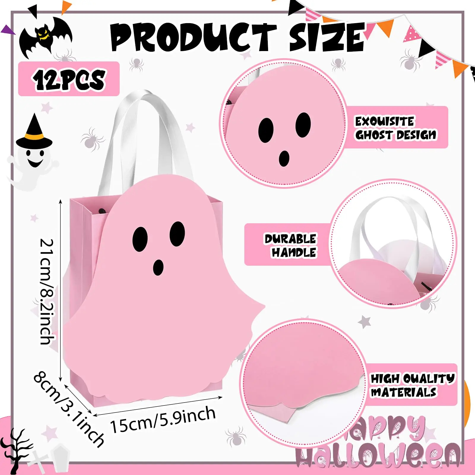 12/24 Pcs Halloween Ghost Candy Bags Paper Gift Bags with Handle Trick or Treat Bags with Cute Ghost Pastel Pink White Holographic Pattern, Snack Goodie Bags for Kids Adults Students Teachers, Halloween Birthday Baby Shower Classroom Party Favors Supplies