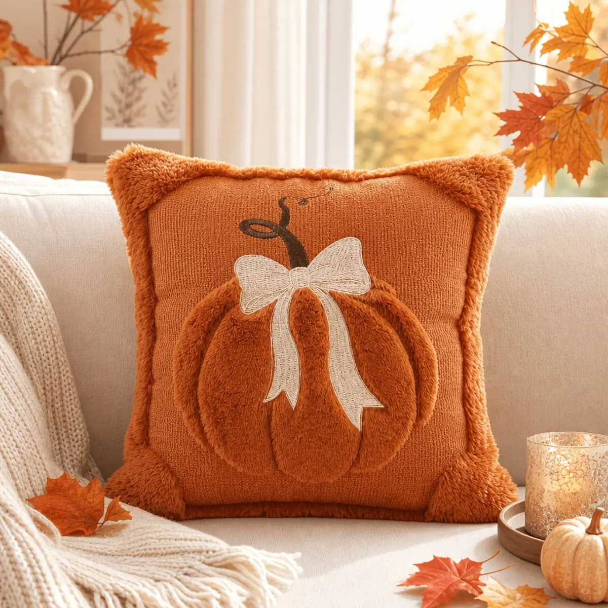 2-Pack Square 3D Jacquard Pumpkin Bow Cushion Covers, 18x18 in Home Replacement Options for Thanksgiving Farmhouse Decor (Covers Only)