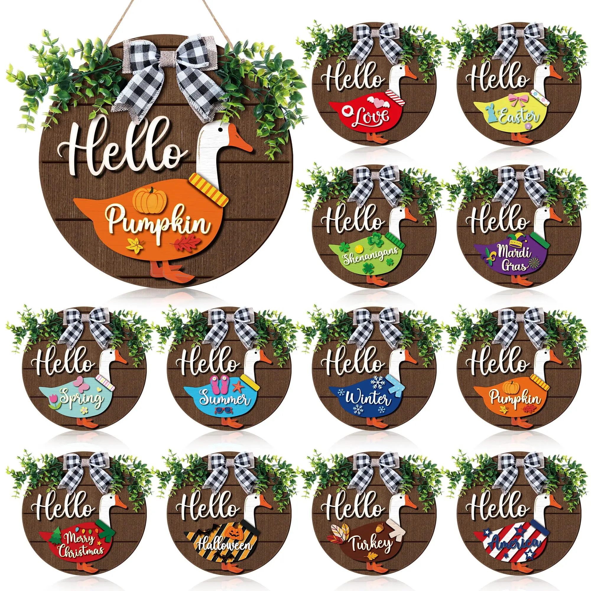 Magnetic Interchangeable Goose Sign - Rustic Farmhouse Wooden Welcome Decor, Halloween Things for Front Door Porch Accessories, House Decor Entryway Hanging Housewarming Gift, Wall Hanging