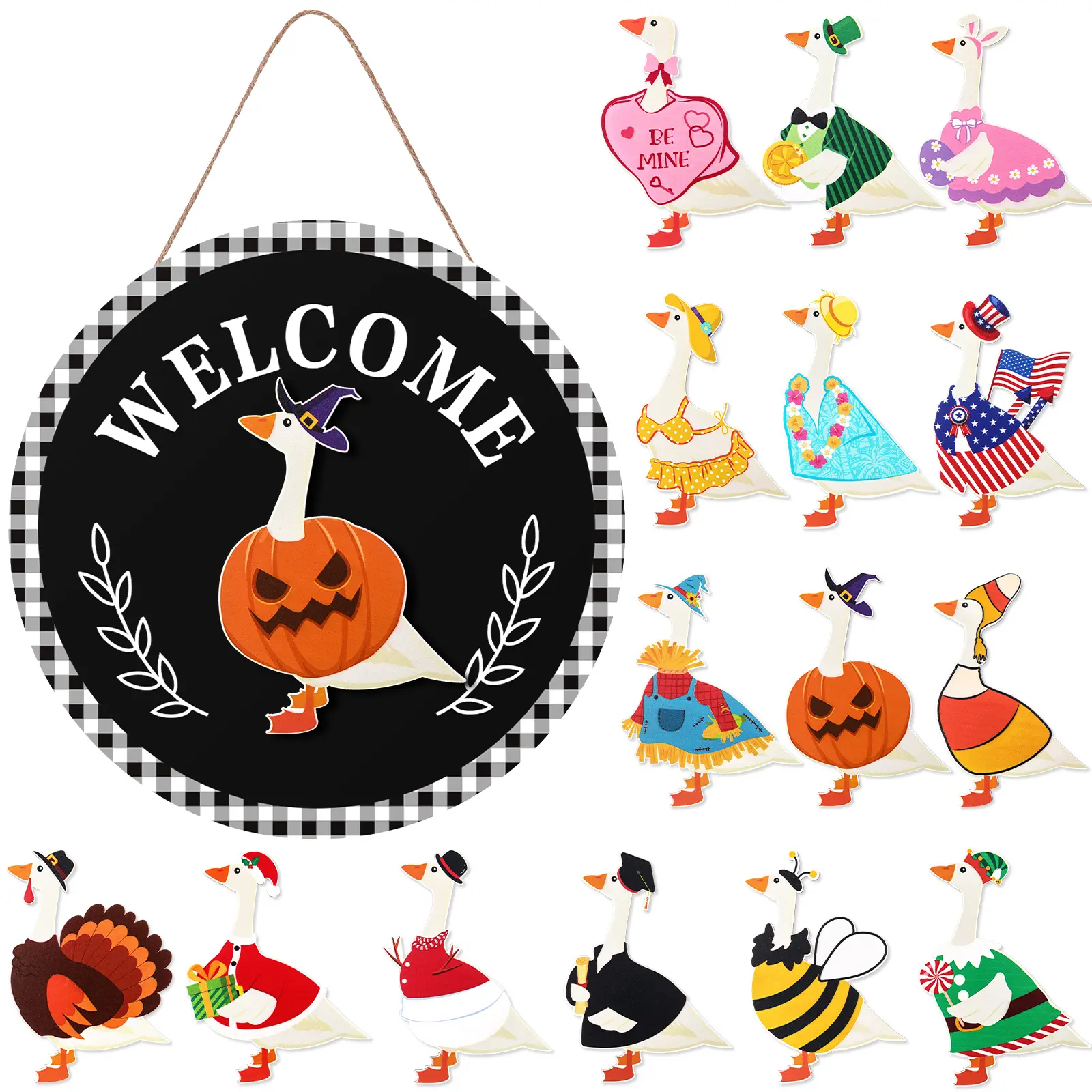 Magnetic Interchangeable Goose Sign - Rustic Farmhouse Wooden Welcome Decor, Halloween Things for Front Door Porch Accessories, House Decor Entryway Hanging Housewarming Gift, Wall Hanging