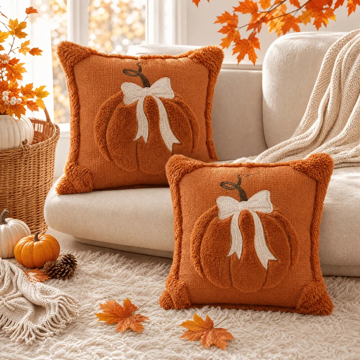 2-Pack Square 3D Jacquard Pumpkin Bow Cushion Covers, 18x18 in Home Replacement Options for Thanksgiving Farmhouse Decor (Covers Only)