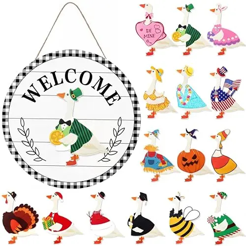 Magnetic Interchangeable Goose Sign - Rustic Farmhouse Wooden Welcome Decor, Halloween Things for Front Door Porch Accessories, House Decor Entryway Hanging Housewarming Gift, Wall Hanging