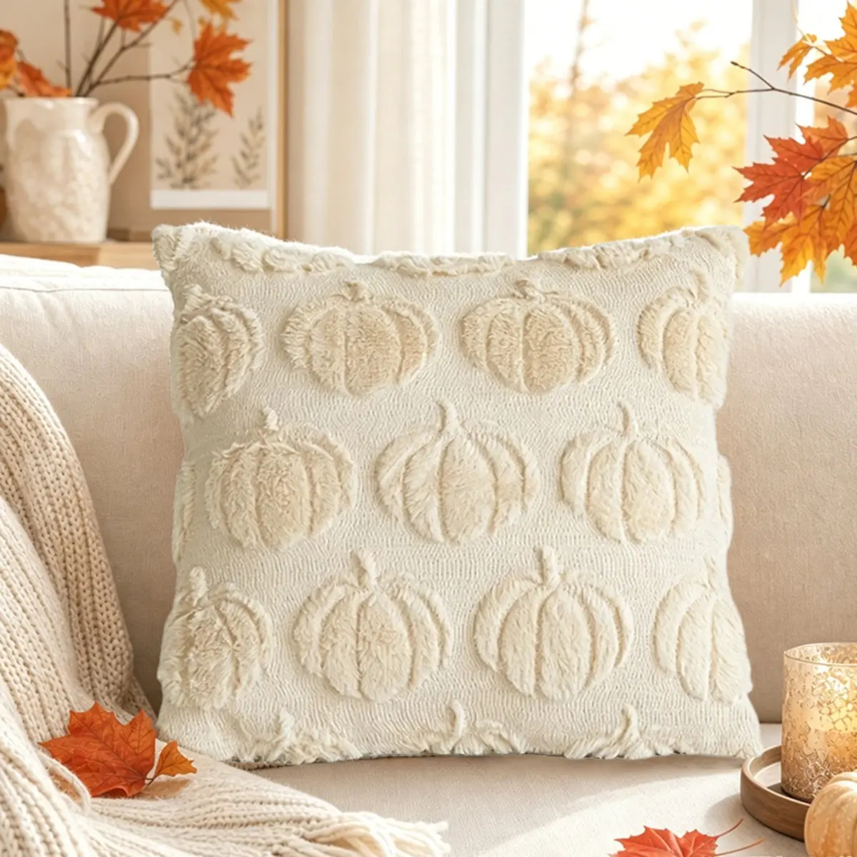 2-Pack Square 3D Jacquard Pumpkin Bow Cushion Covers, 18x18 in Home Replacement Options for Thanksgiving Farmhouse Decor (Covers Only)
