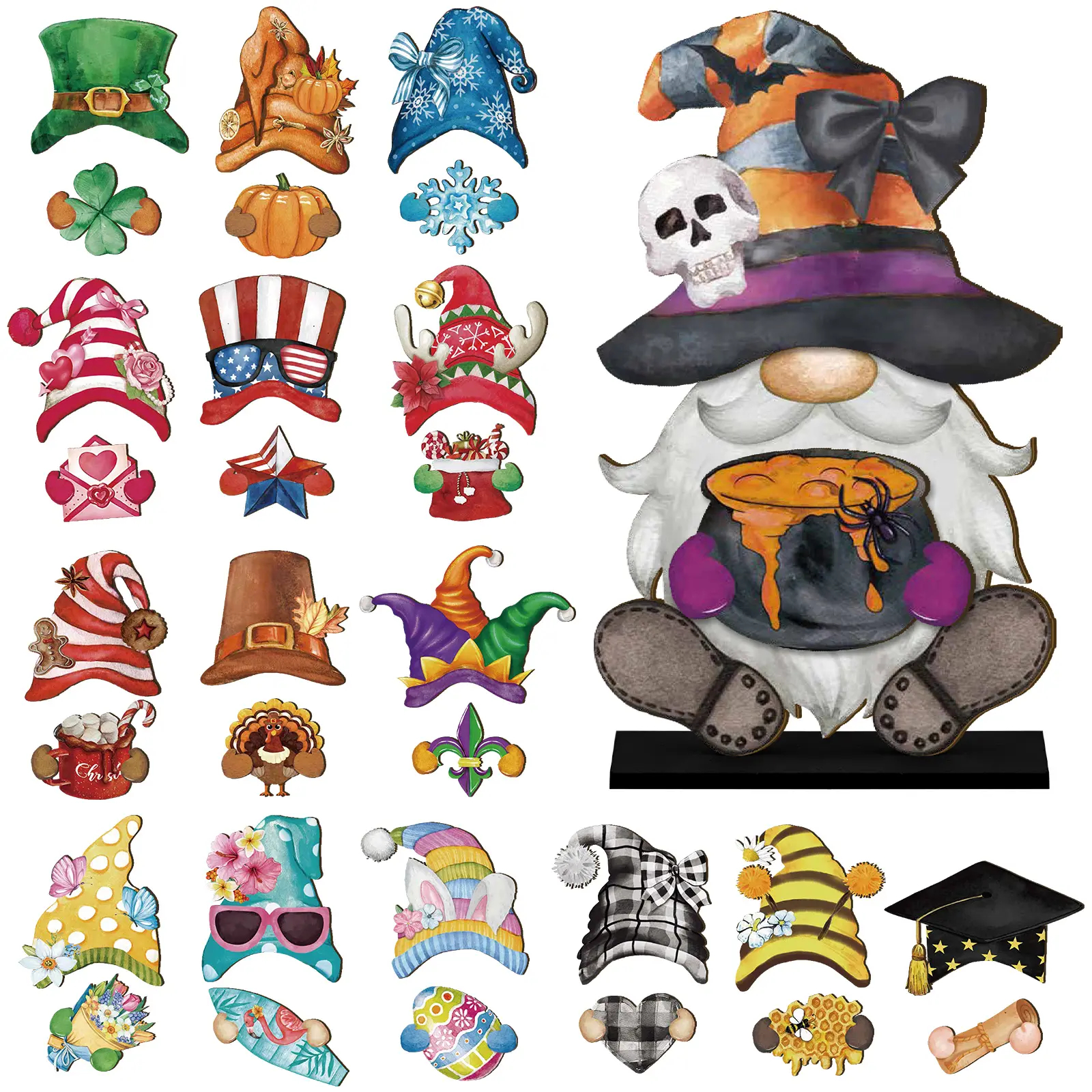 Gnome Sign Halloween Gnome Interchangeable Desk Decor with Magnet Accessories Gnome Wooden Sign for Summer Holiday Seasonal Halloween Christmas Party Office Home Living Room Gift for Gnome Lovers, Halloween Gift