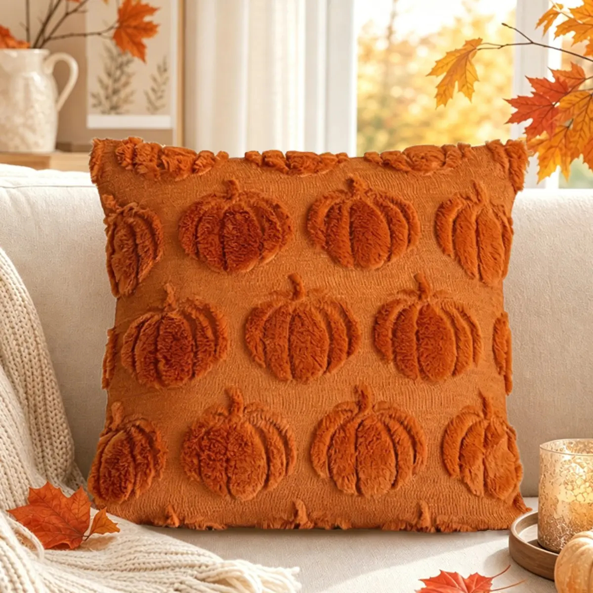 2-Pack Square 3D Jacquard Pumpkin Bow Cushion Covers, 18x18 in Home Replacement Options for Thanksgiving Farmhouse Decor (Covers Only)
