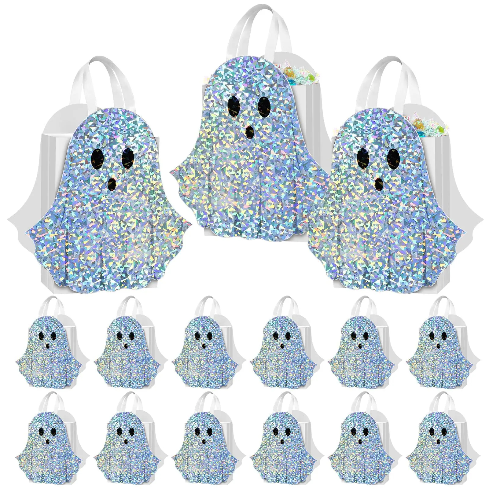 12/24 Pcs Halloween Ghost Candy Bags Paper Gift Bags with Handle Trick or Treat Bags with Cute Ghost Pastel Pink White Holographic Pattern, Snack Goodie Bags for Kids Adults Students Teachers, Halloween Birthday Baby Shower Classroom Party Favors Supplies