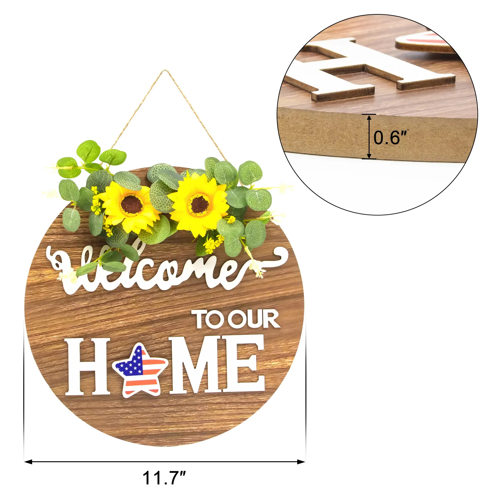 All-Season Front Door Decoration, Wooden Welcome Sign 12x12 Inch Round Hanging Wreath for Porch, Entryway, and Home Wall Decor, Mothers' Day Halloween Christmas Decor