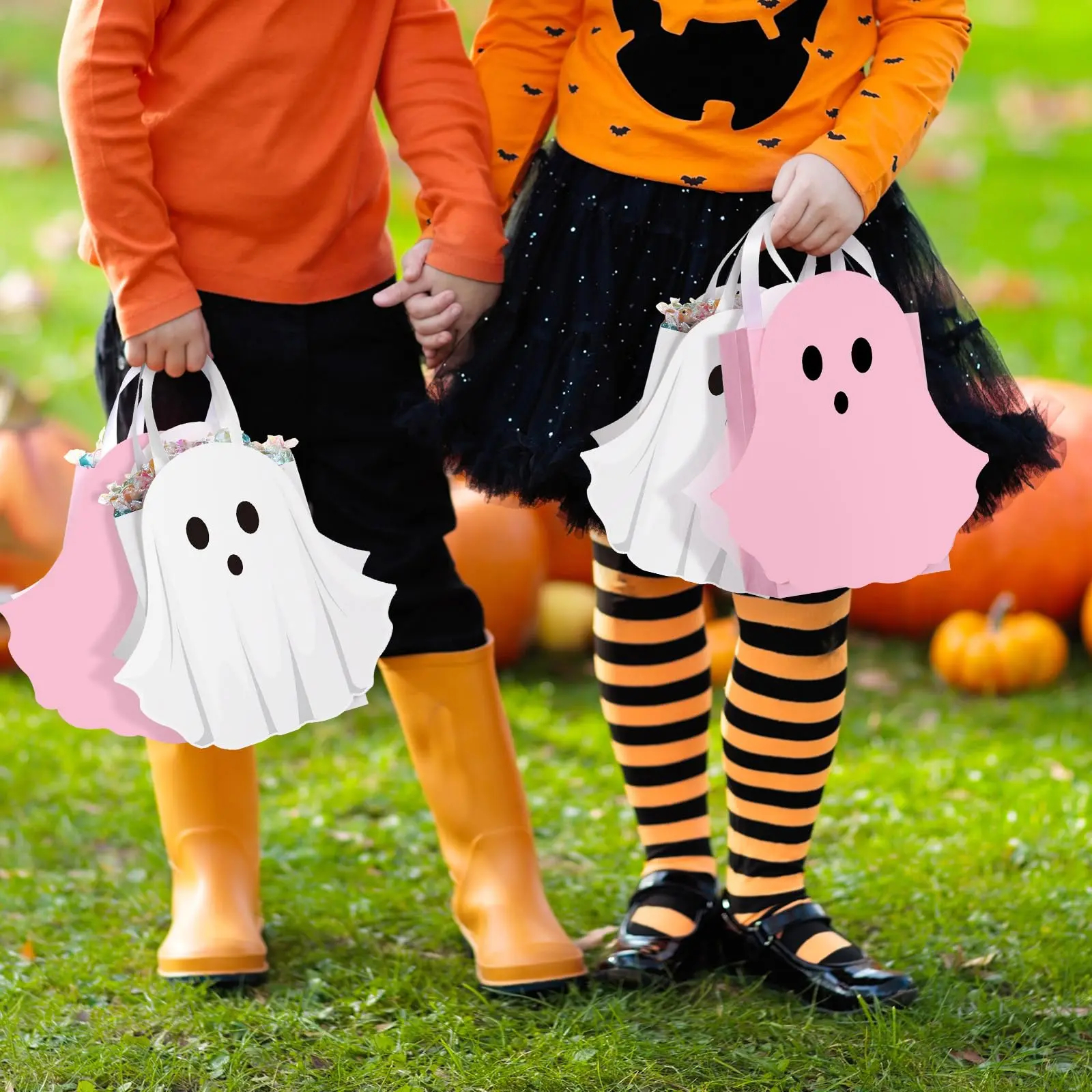 12/24 Pcs Halloween Ghost Candy Bags Paper Gift Bags with Handle Trick or Treat Bags with Cute Ghost Pastel Pink White Holographic Pattern, Snack Goodie Bags for Kids Adults Students Teachers, Halloween Birthday Baby Shower Classroom Party Favors Supplies